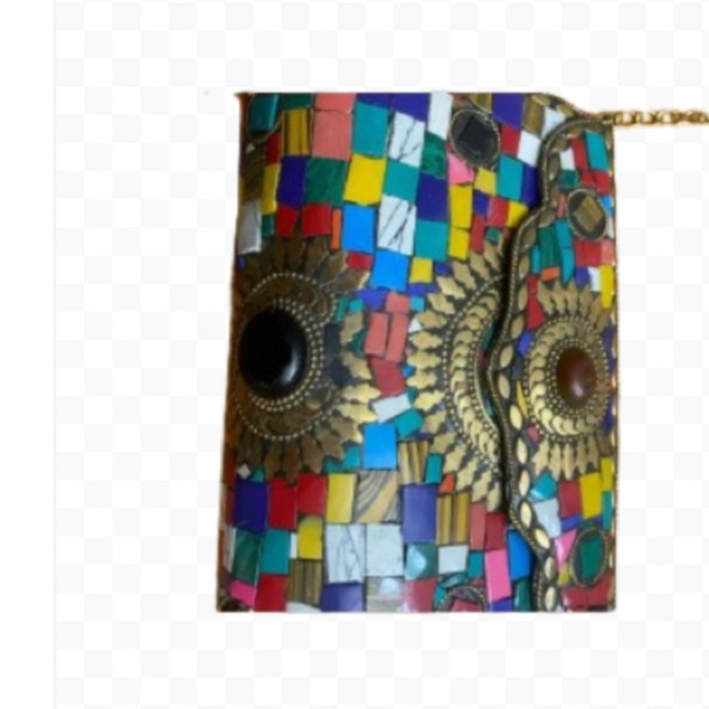 Clutch Crossbody Handcrafted Mosaic Stone Tiles Bag Chain Ornate Metal ANTIQUE - Picture 8 of 15